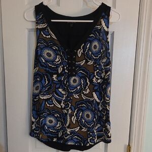 Express Floral Lace-Up Blouse - Blue and Black